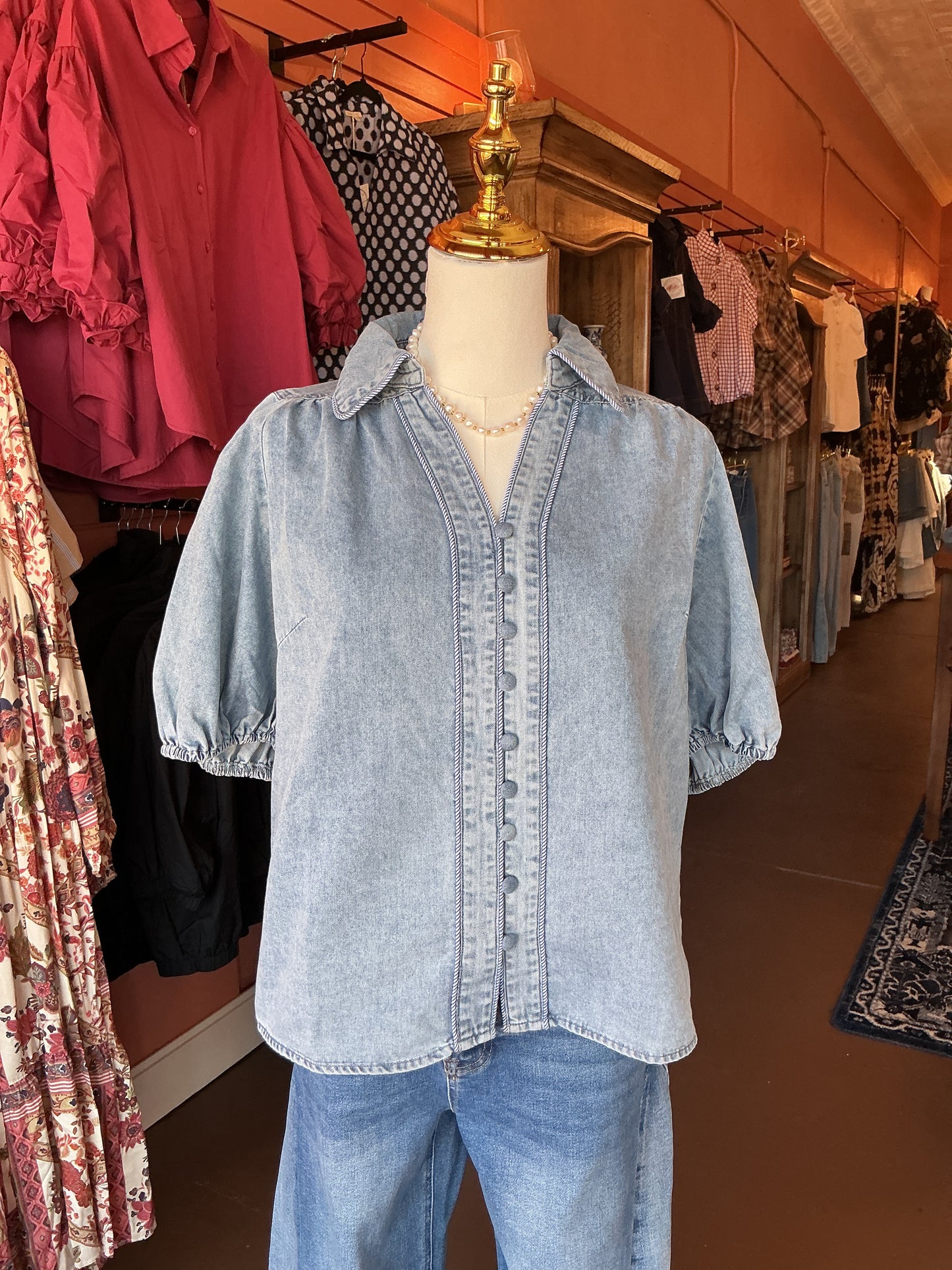 Light Wash Denim Button-Up Blouse