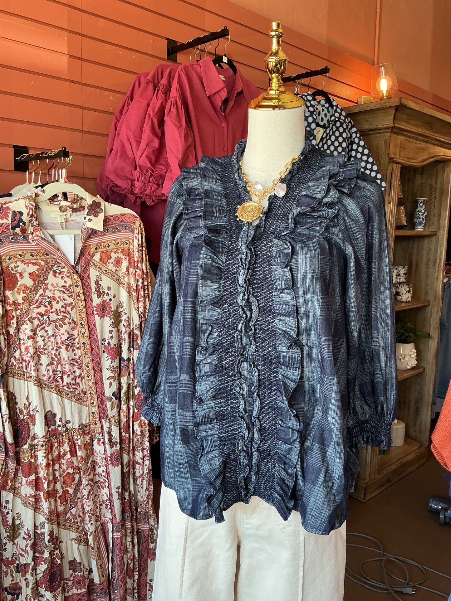 Blue Plaid Smocked Ruffle Blouse