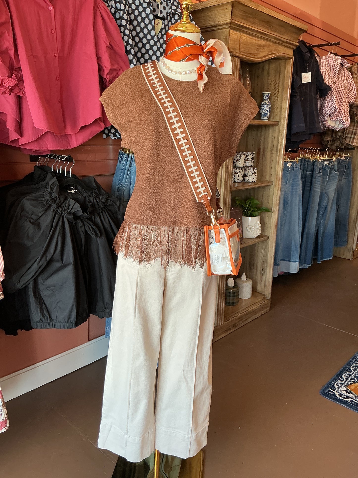 Mocha Lace Hem Sweater Top