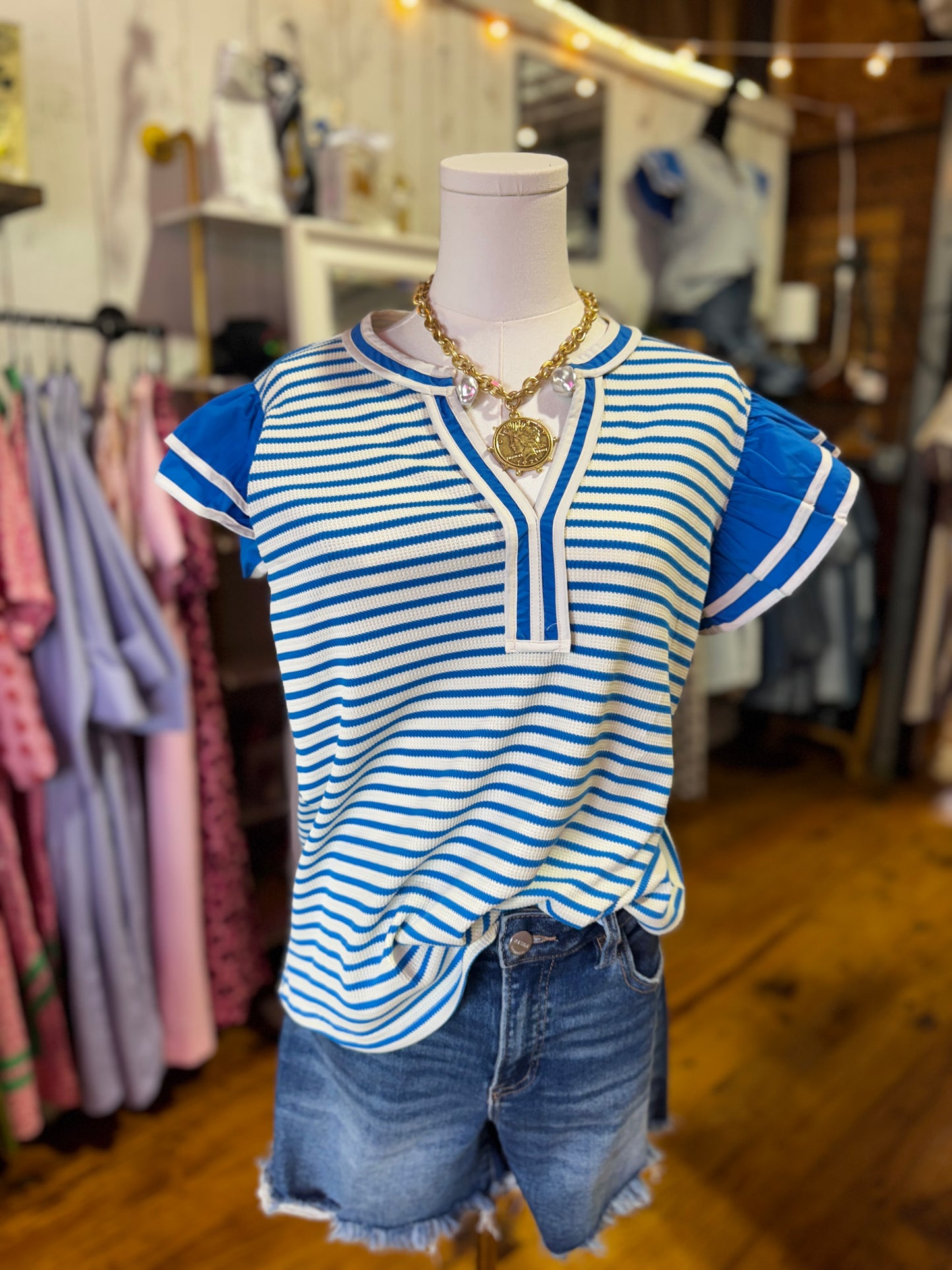 Coastal Stripe Ruffle Sleeve Top