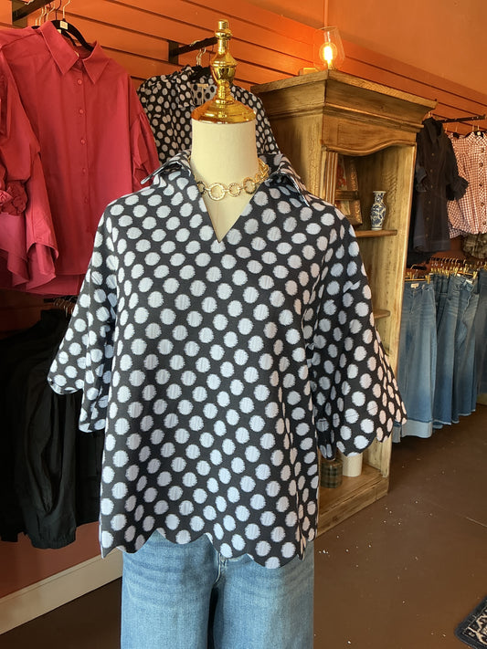 Navy Blue Polka Dot Scallop Hem Blouse