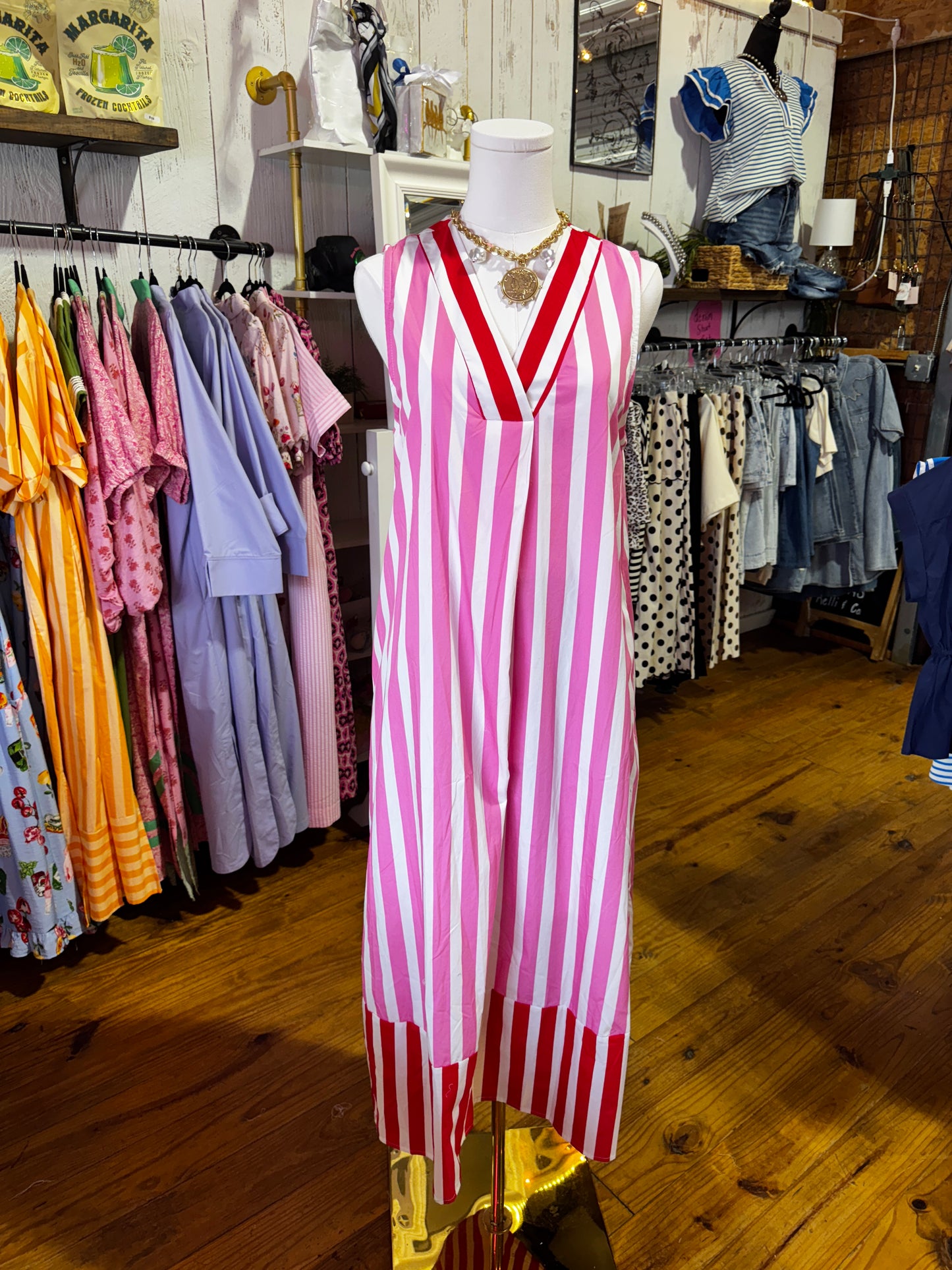 Pink & Red Stripe Sleeveless Midi Dress