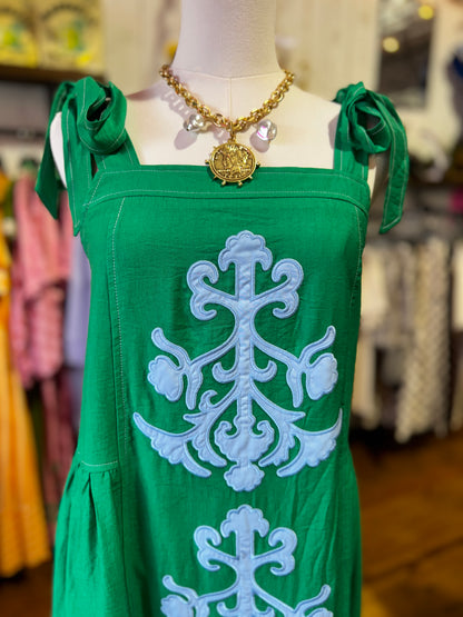 Emerald Bloom Tie-Shoulder Maxi Dress
