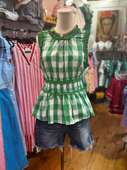 Green Gingham Smocked Peplum Top