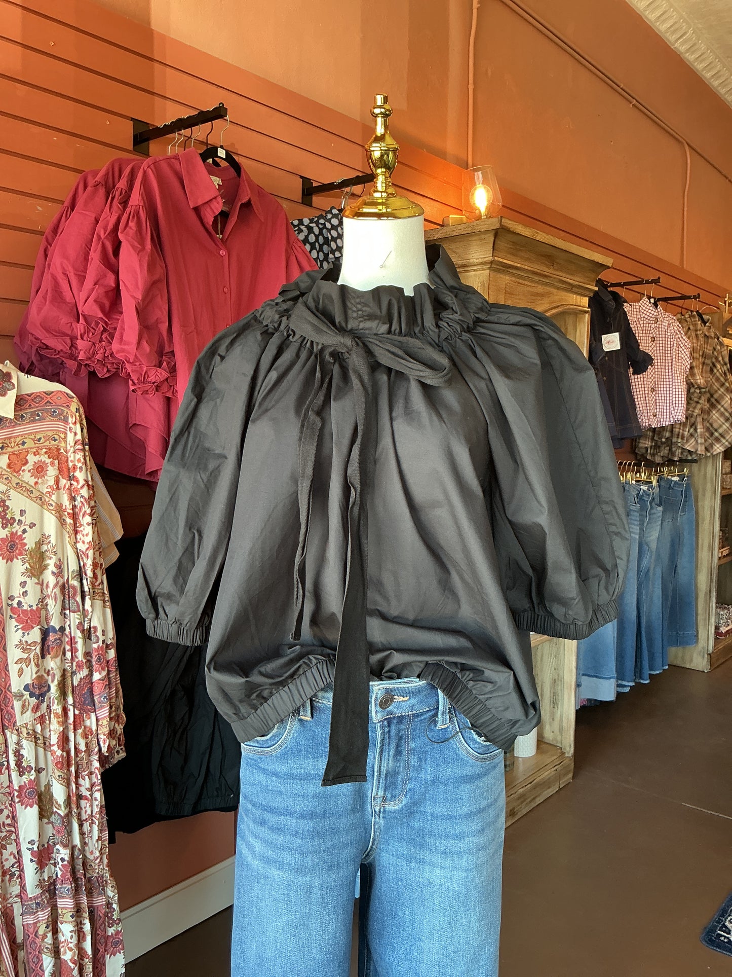 Black Tie-Neck Bubble Hem Blouse