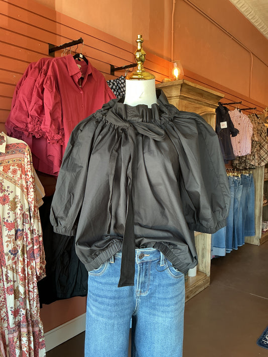 Black Tie-Neck Bubble Hem Blouse