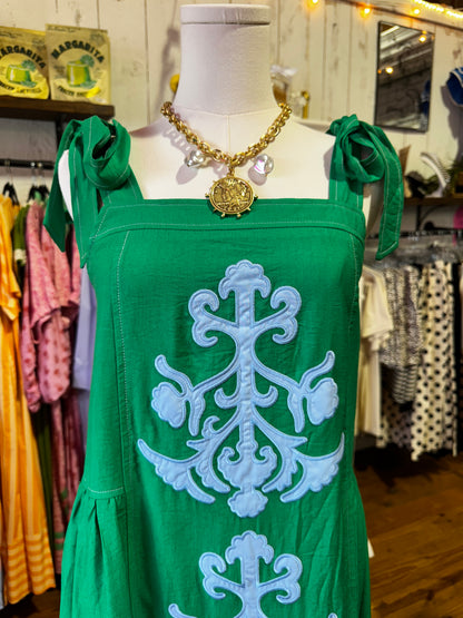 Emerald Bloom Tie-Shoulder Maxi Dress