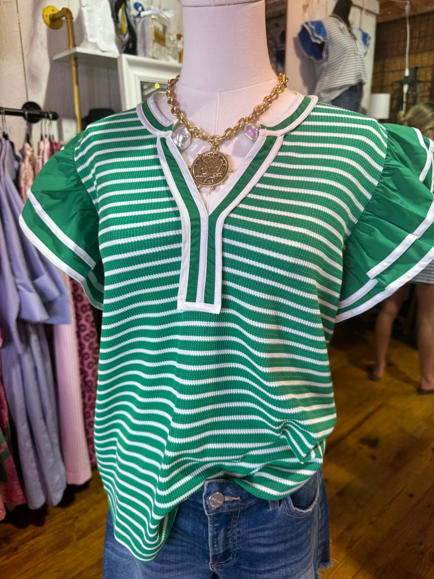 Emerald Stripe Ruffle Sleeve Top