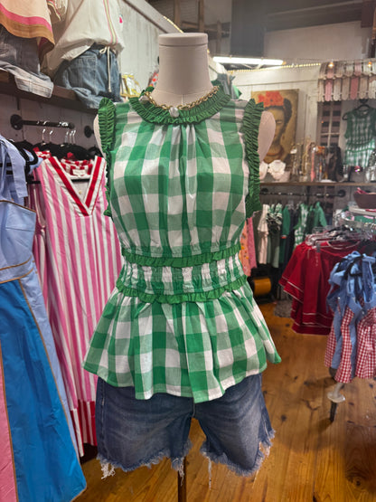 Green Gingham Smocked Peplum Top