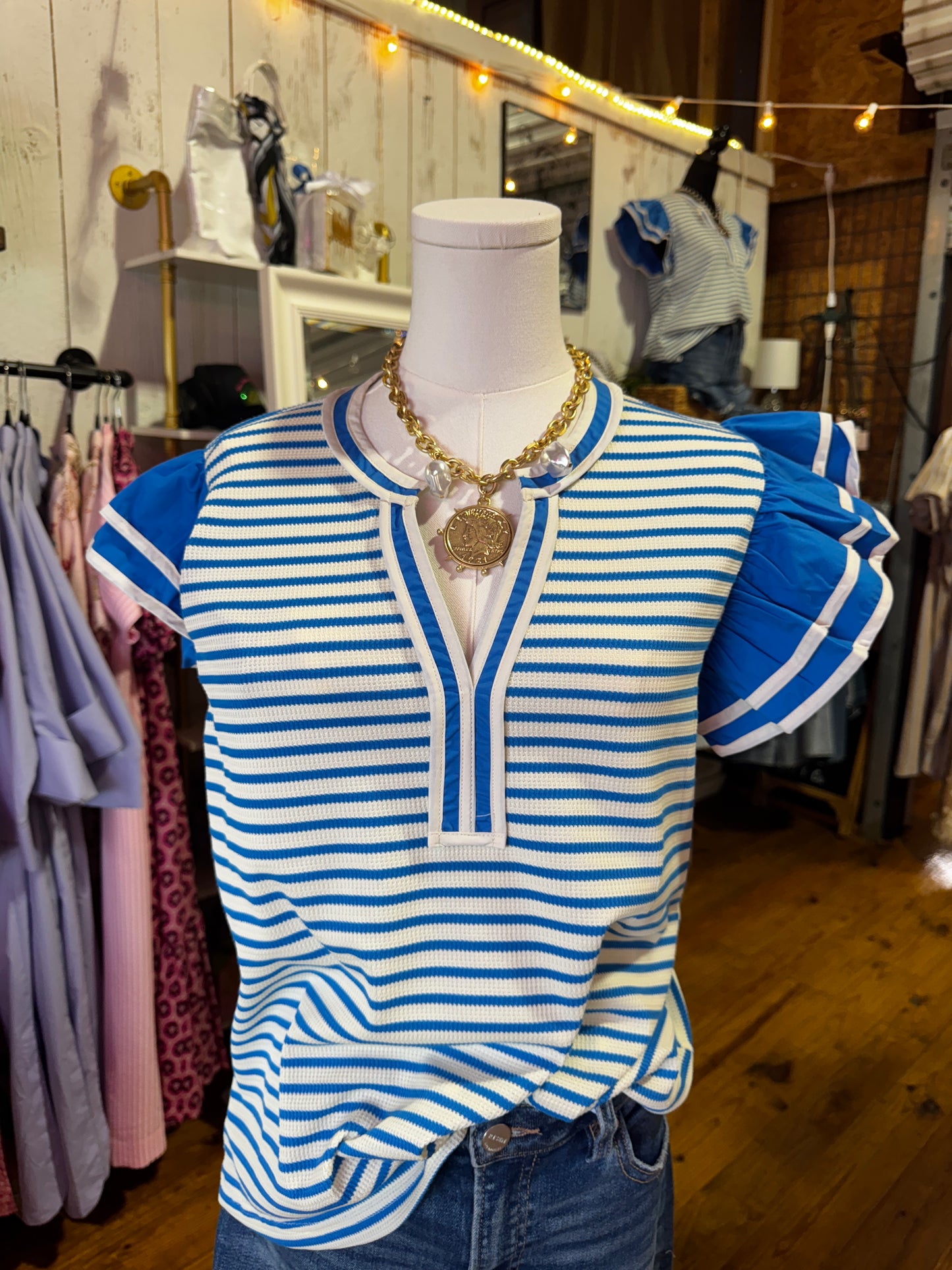 Coastal Stripe Ruffle Sleeve Top