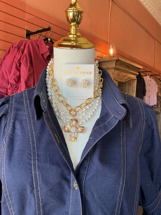 Layered Pearl & Gold Cross Necklace Set