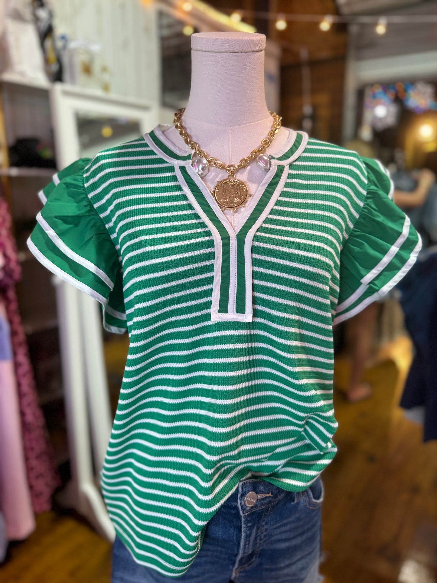 Emerald Stripe Ruffle Sleeve Top