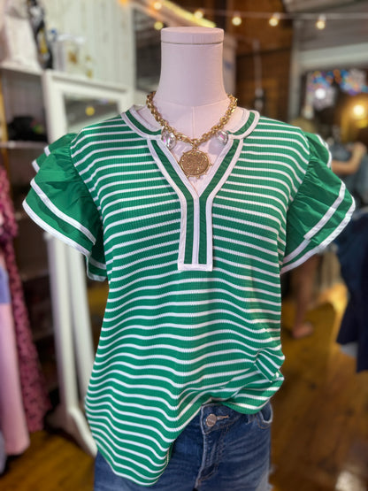 Emerald Stripe Ruffle Sleeve Top