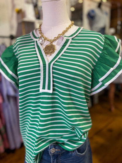 Emerald Stripe Ruffle Sleeve Top