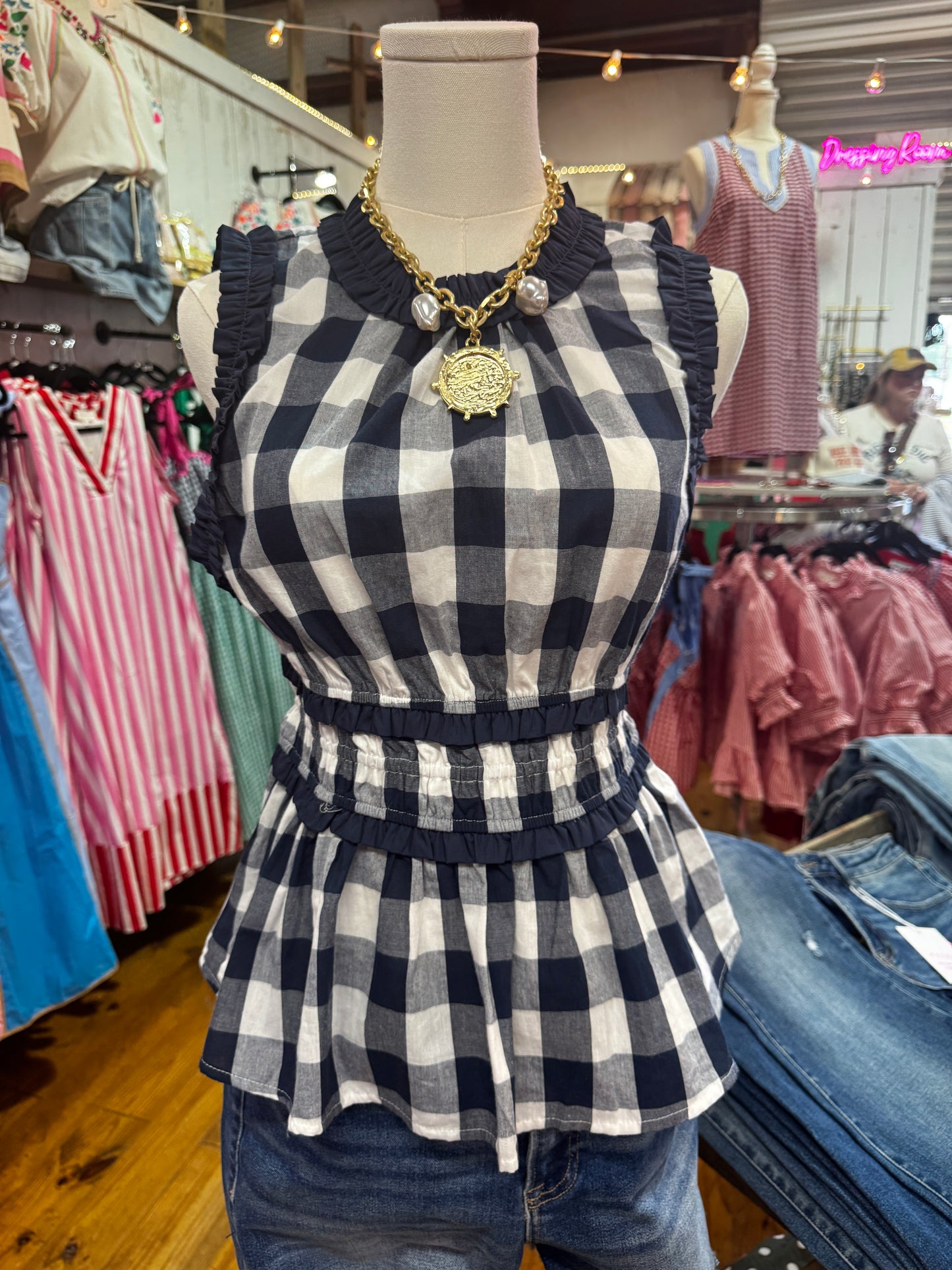 Navy Gingham Smocked Peplum Top
