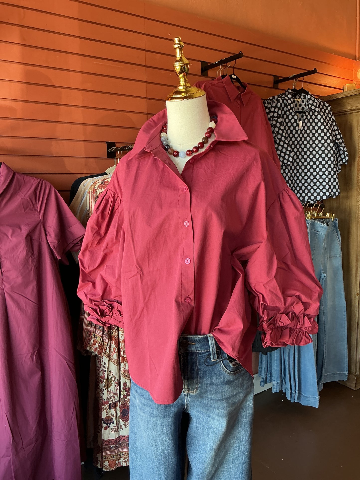 Berry Puff Sleeve Button-Up Blouse