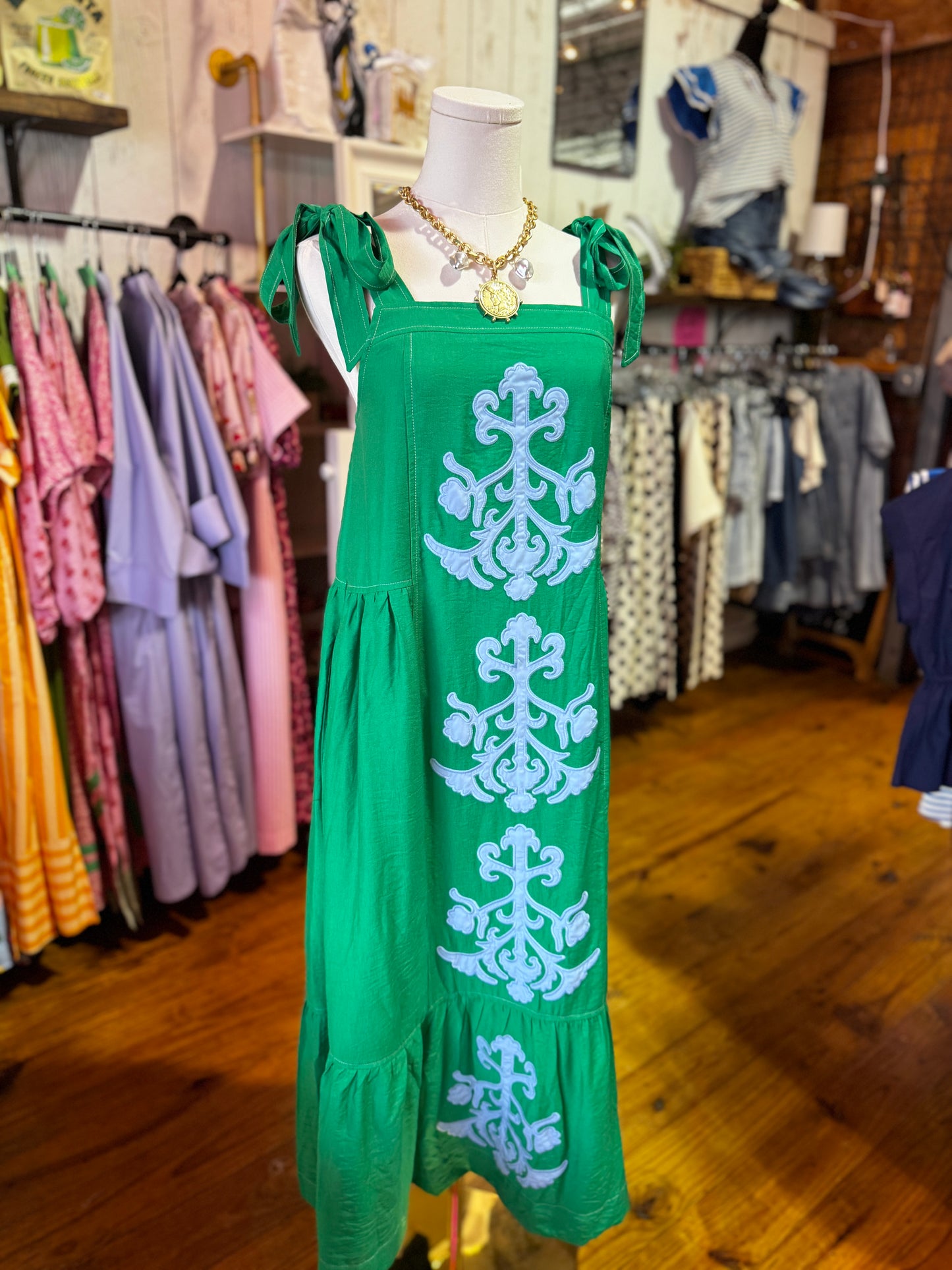 Emerald Bloom Tie-Shoulder Maxi Dress