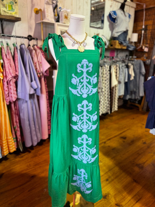 Emerald Bloom Tie-Shoulder Maxi Dress