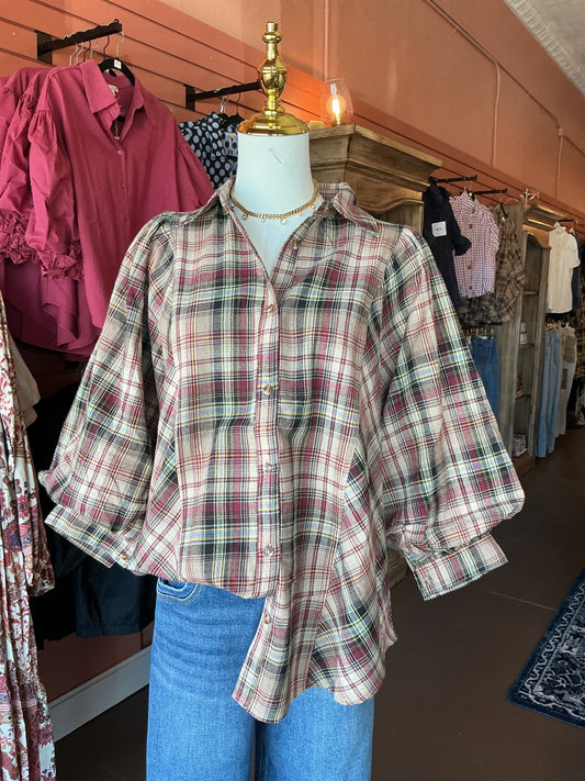 Burgundy Plaid Balloon Sleeve Blouse