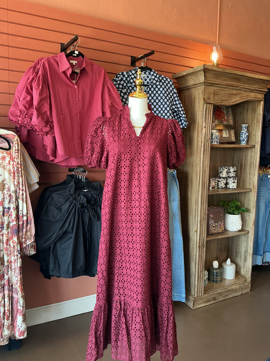 Bordeaux Bloom Eyelet Maxi Dress