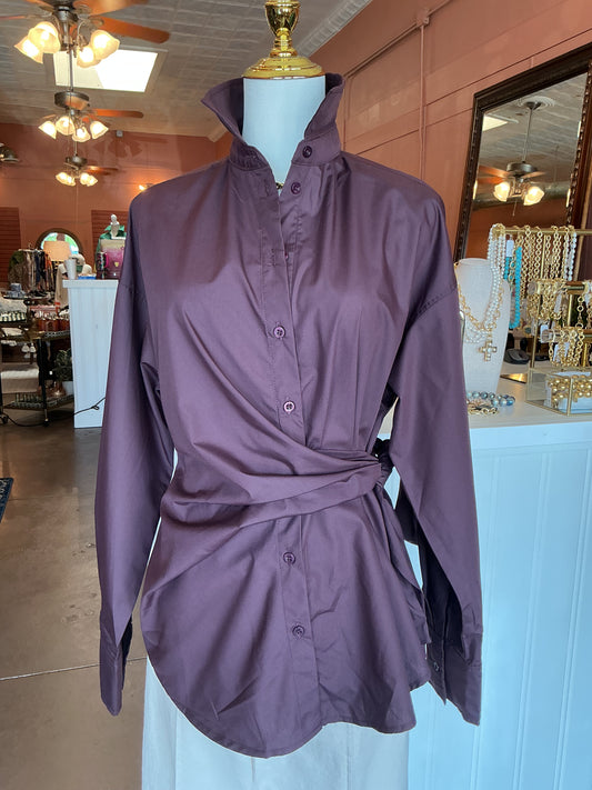 Plum Twist Button-Up Blouse