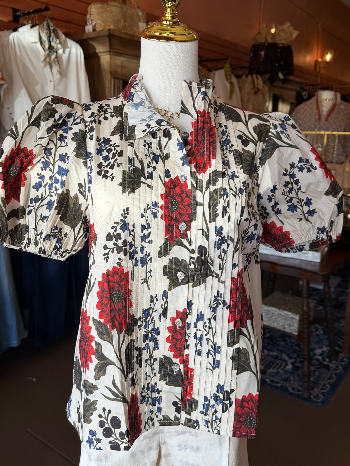 Floral Pleated Button-Up Top