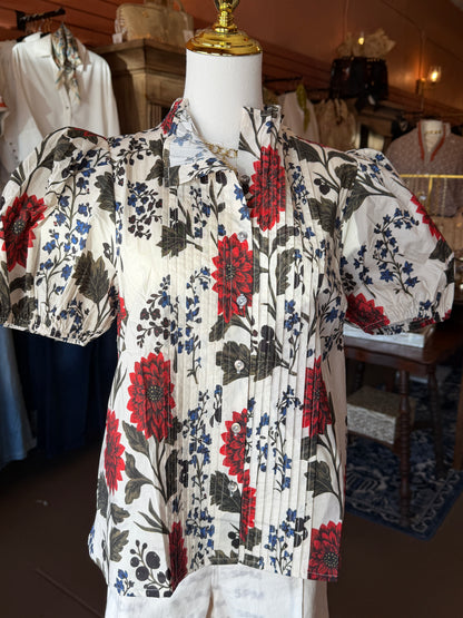 Floral Pleated Button-Up Top